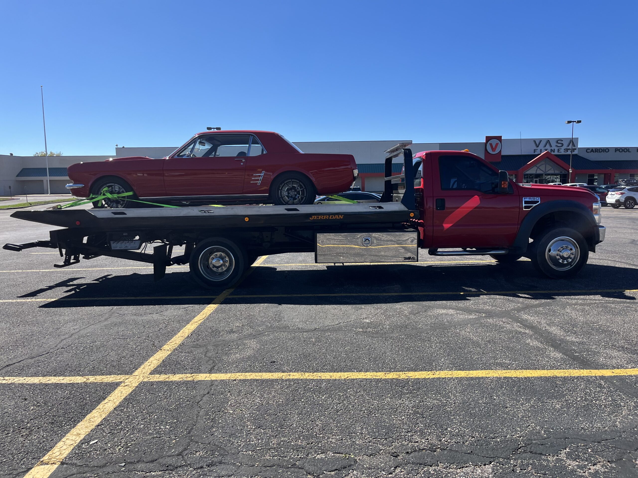 a red car being towed
